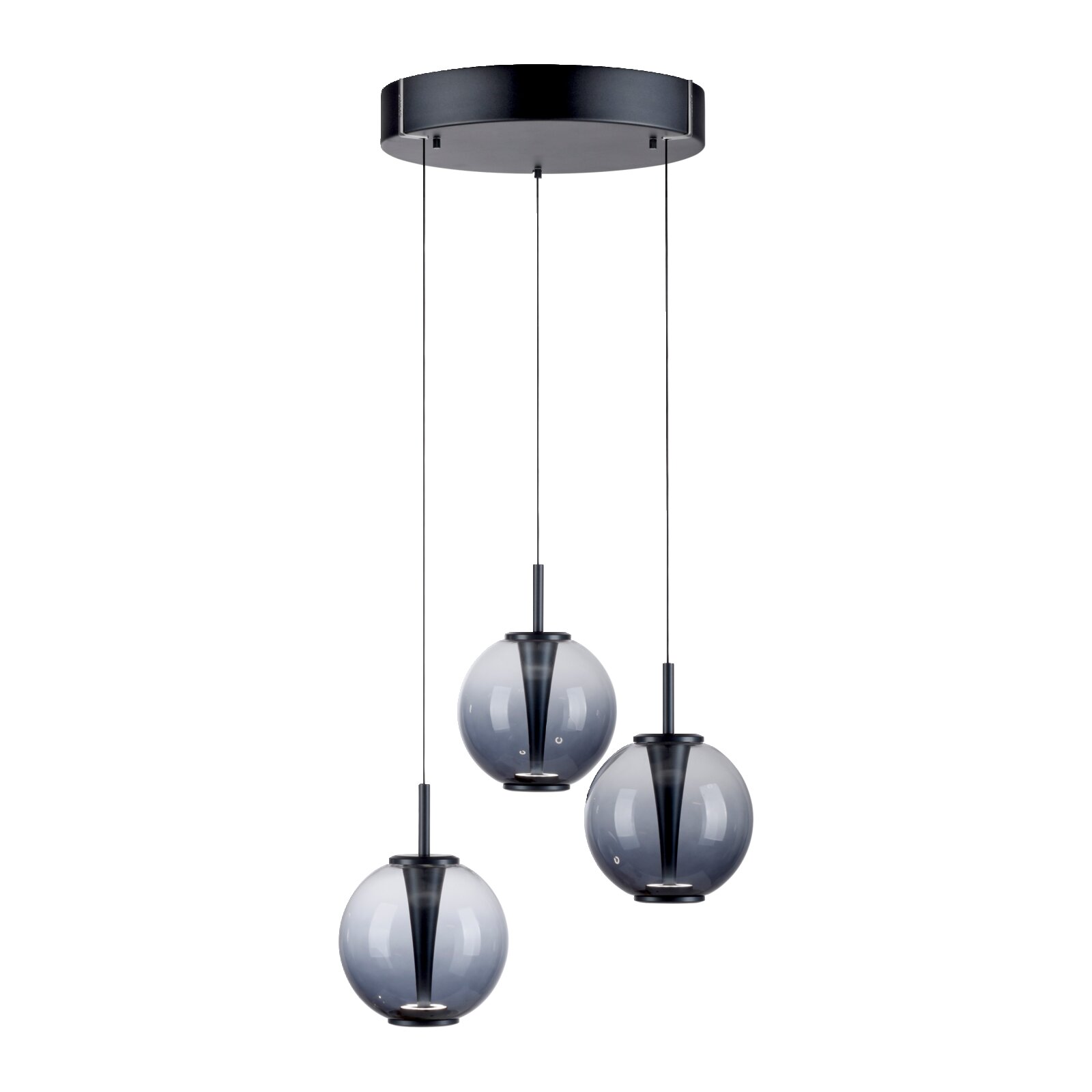 Moderne LED-Pendelleuchte mit drei kugelförmigen, rauchgrauen Glaskörpern, von oben betrachtet.