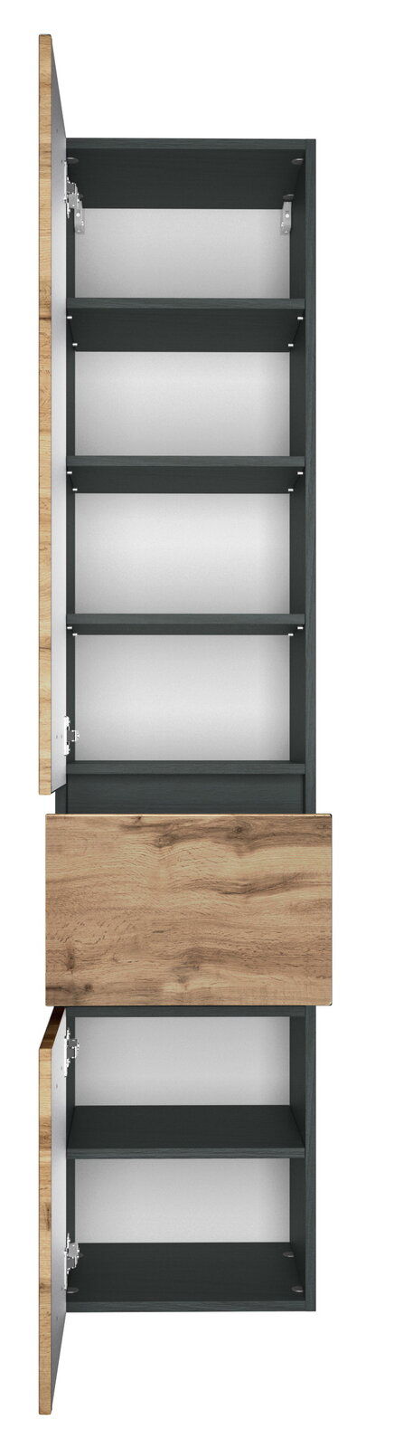 XORA Hochschrank LUCCA Hochschrank mit offenen Türen und Schublade, Ansicht von vorne, dunkle Regalböden und Holzfronten.