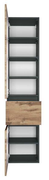 Hochschrank mit offenen Türen und Schublade, Ansicht von vorne, dunkle Regalböden und Holzfronten.
