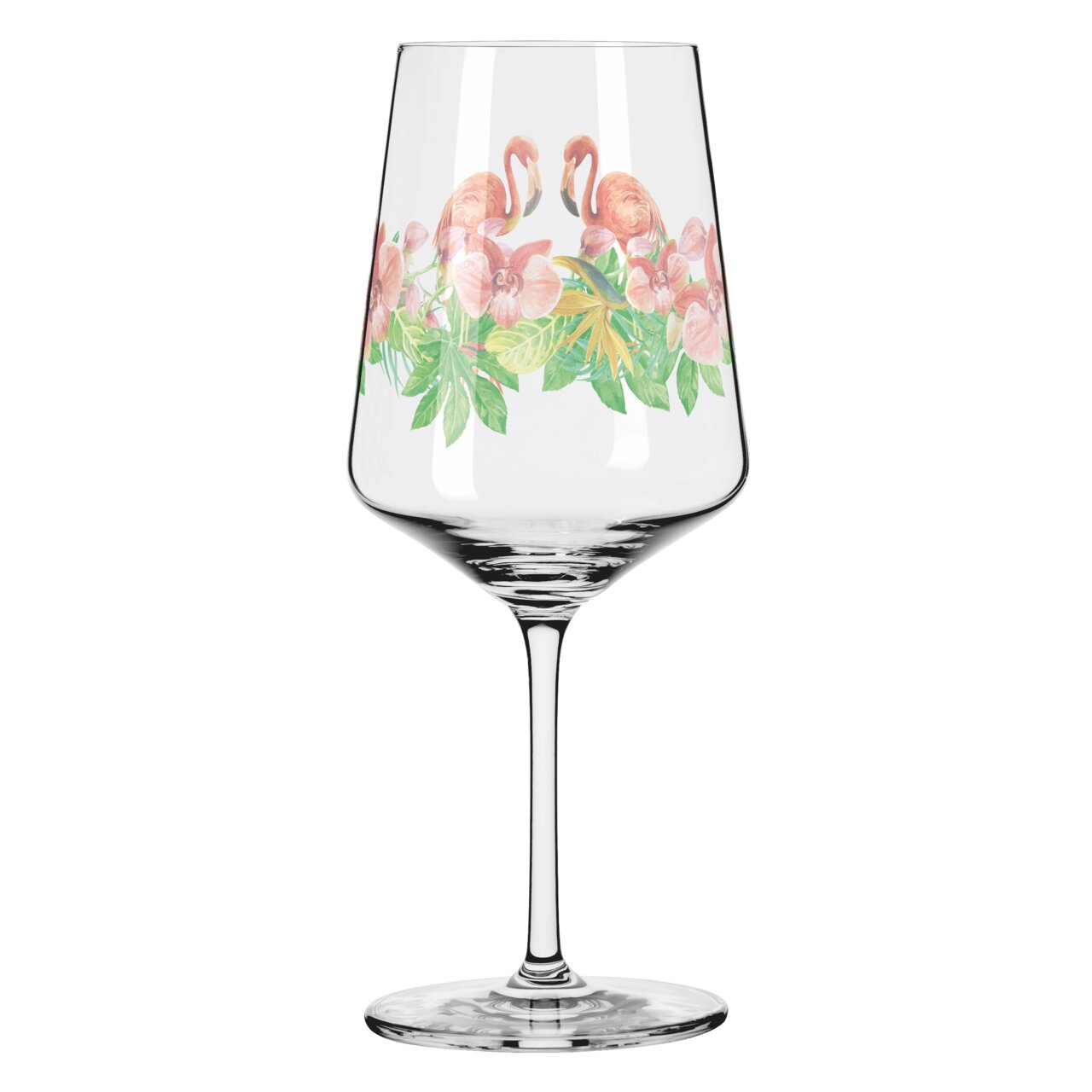 Weinglas mit Flamingo- und Blumenmotiv, seitliche Perspektive