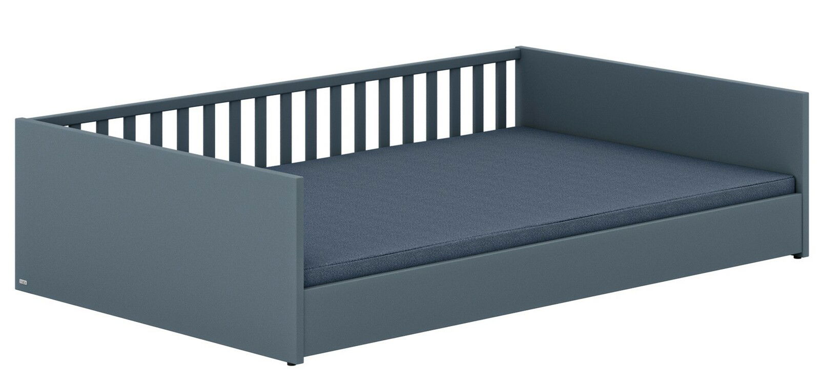 Graues Bodenbett mit Gitterseiten, seitliche Perspektive