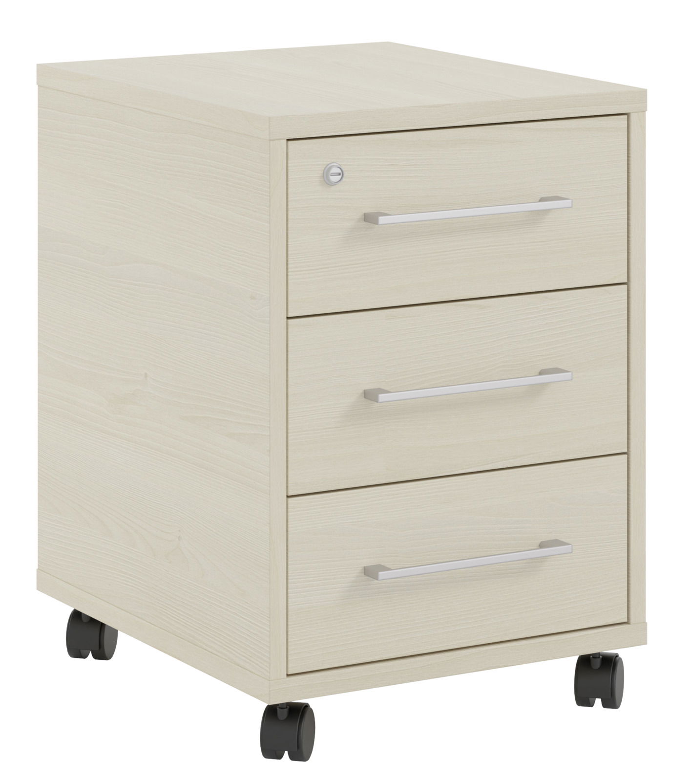 Rollcontainer aus hellem Holz mit drei Schubladen und Rollen, seitliche Perspektive