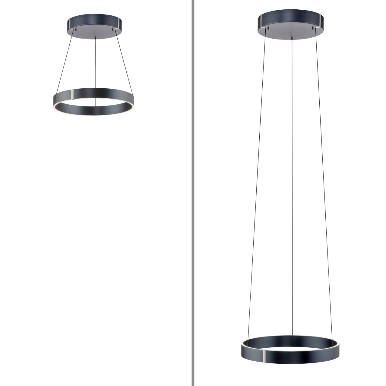 Moderne Pendelleuchte PURE E-Clipse in schwarzem Design, seitliche und frontale Ansicht