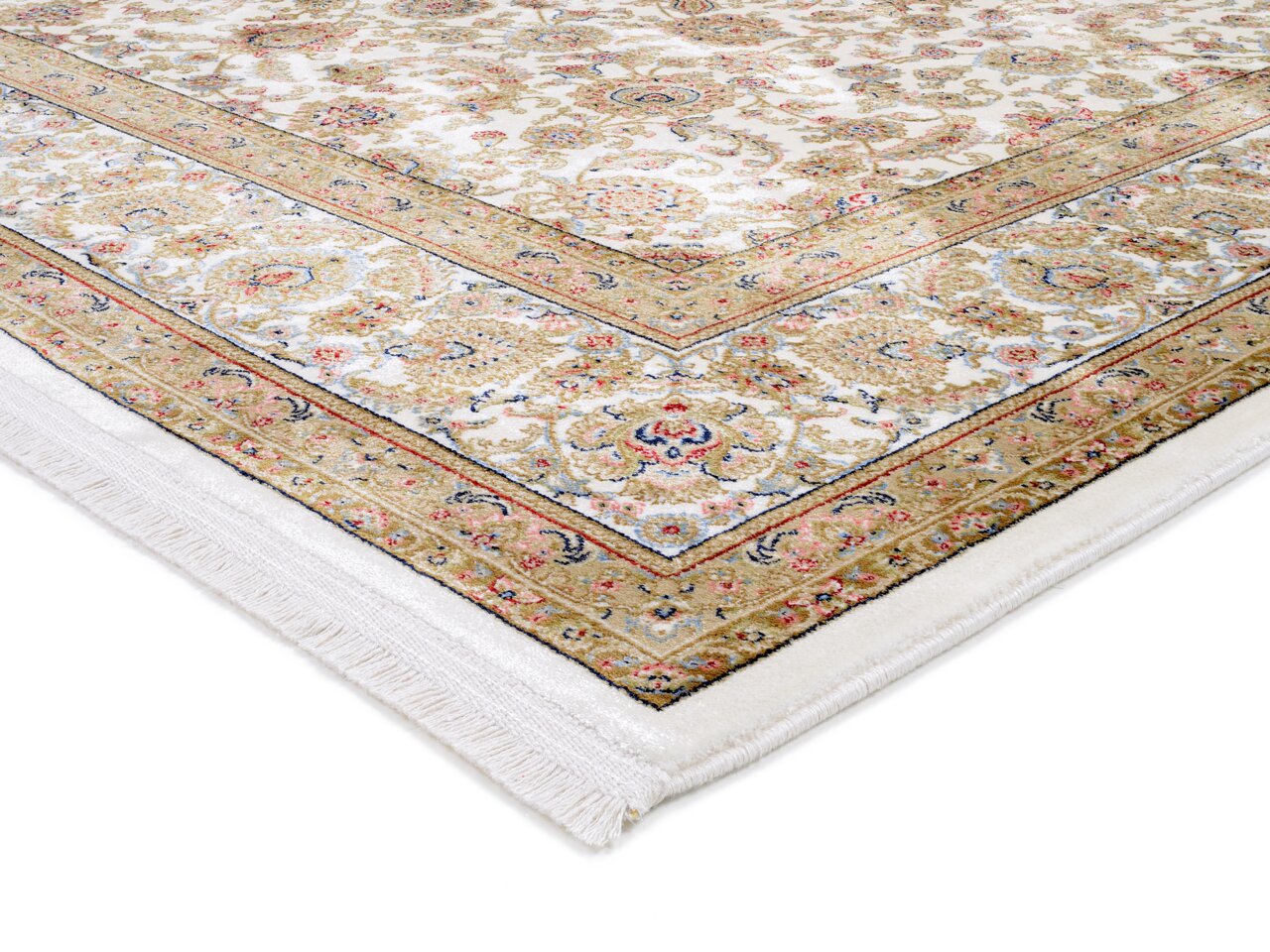 Orientteppich mit detailliertem floralen Muster in Beige- und Rottönen, perspektivisch von der Ecke aufgenommen.