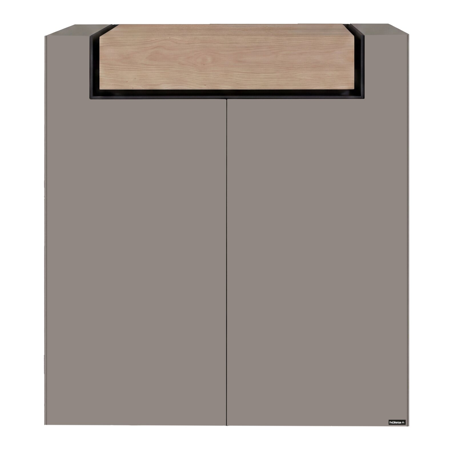 Hülsta Highboard LATUS Modernes Sideboard in Taupe mit zwei Türen und eingelassener Holzfront oben, frontale Ansicht