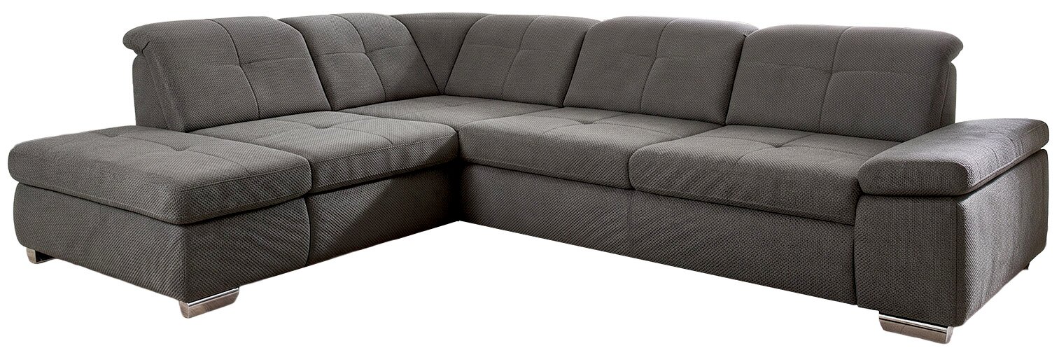Beldomo Style Ecksofa AUSTIN Graues, gepolstertes Ecksofa in L-Form mit Ottomane links, gesteppten Sitz- und Rückenpolstern sowie Metallfüßen, freigestellt auf Weiß; Ansicht schräg von vorne.