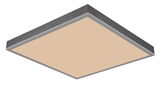 Quadratische Deckenleuchte mit grauem Rahmen und beige leuchtender Fläche, seitliche Perspektive