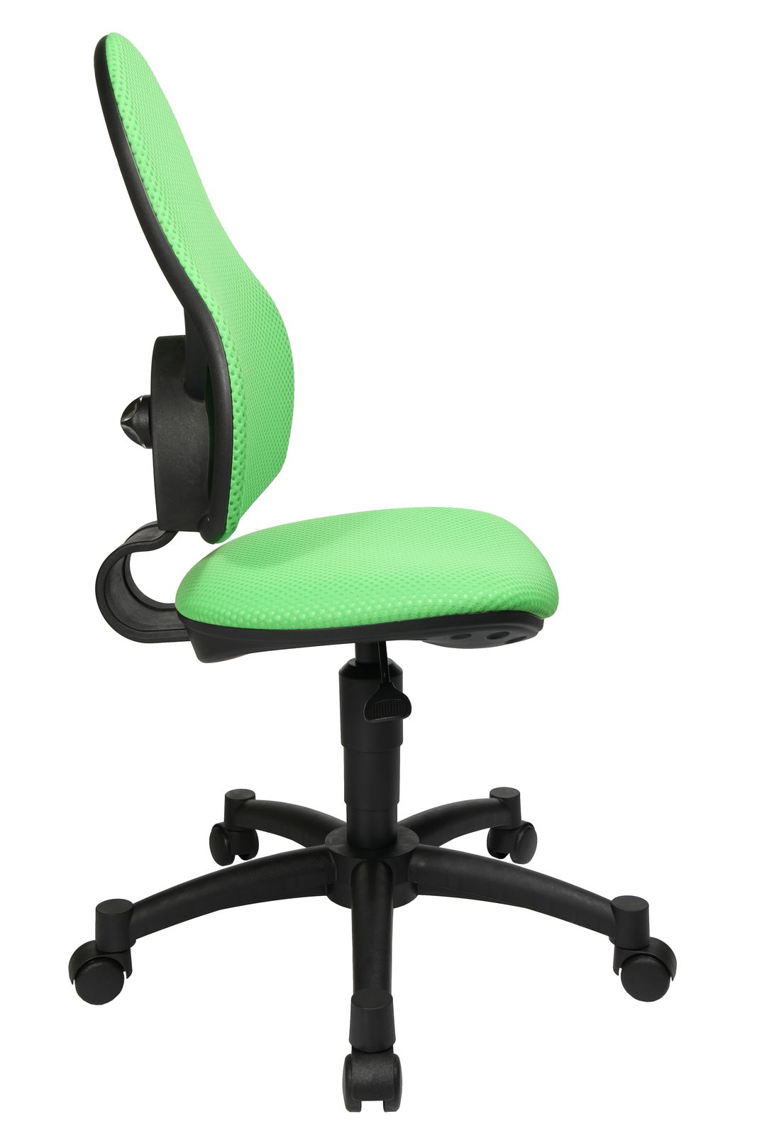 Grüner Drehstuhl mit ergonomischer Rückenlehne, Seitenansicht