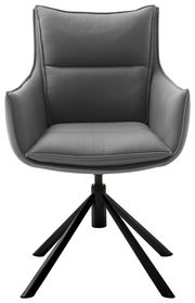 Grauer Sessel mit gepolstertem Sitz und Rückenlehne, auf schwarzem Drehgestell, Frontalansicht.