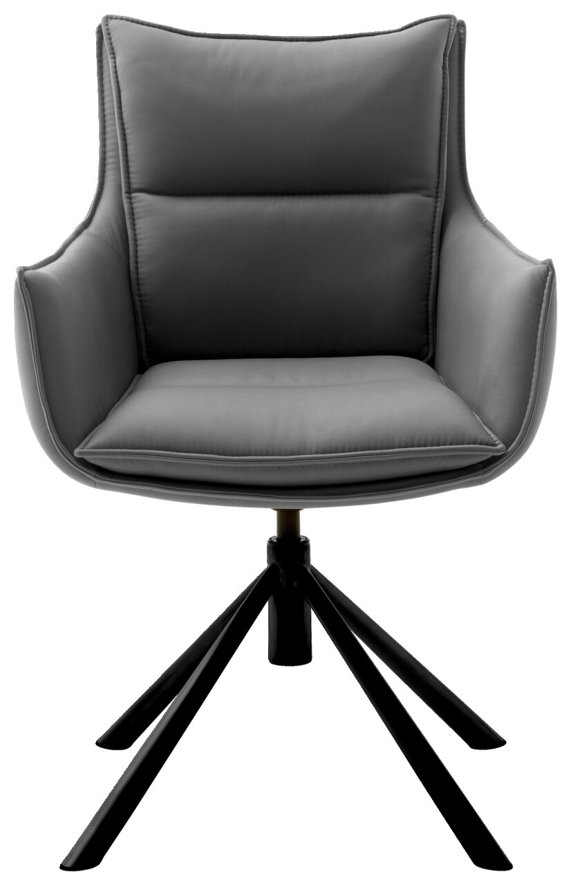 Grauer Sessel mit gepolstertem Sitz und Rückenlehne, auf schwarzem Drehgestell, Frontalansicht.