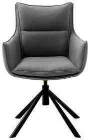 Grauer Sessel mit gepolstertem Sitz und Rückenlehne, auf schwarzem Drehgestell, Frontalansicht.