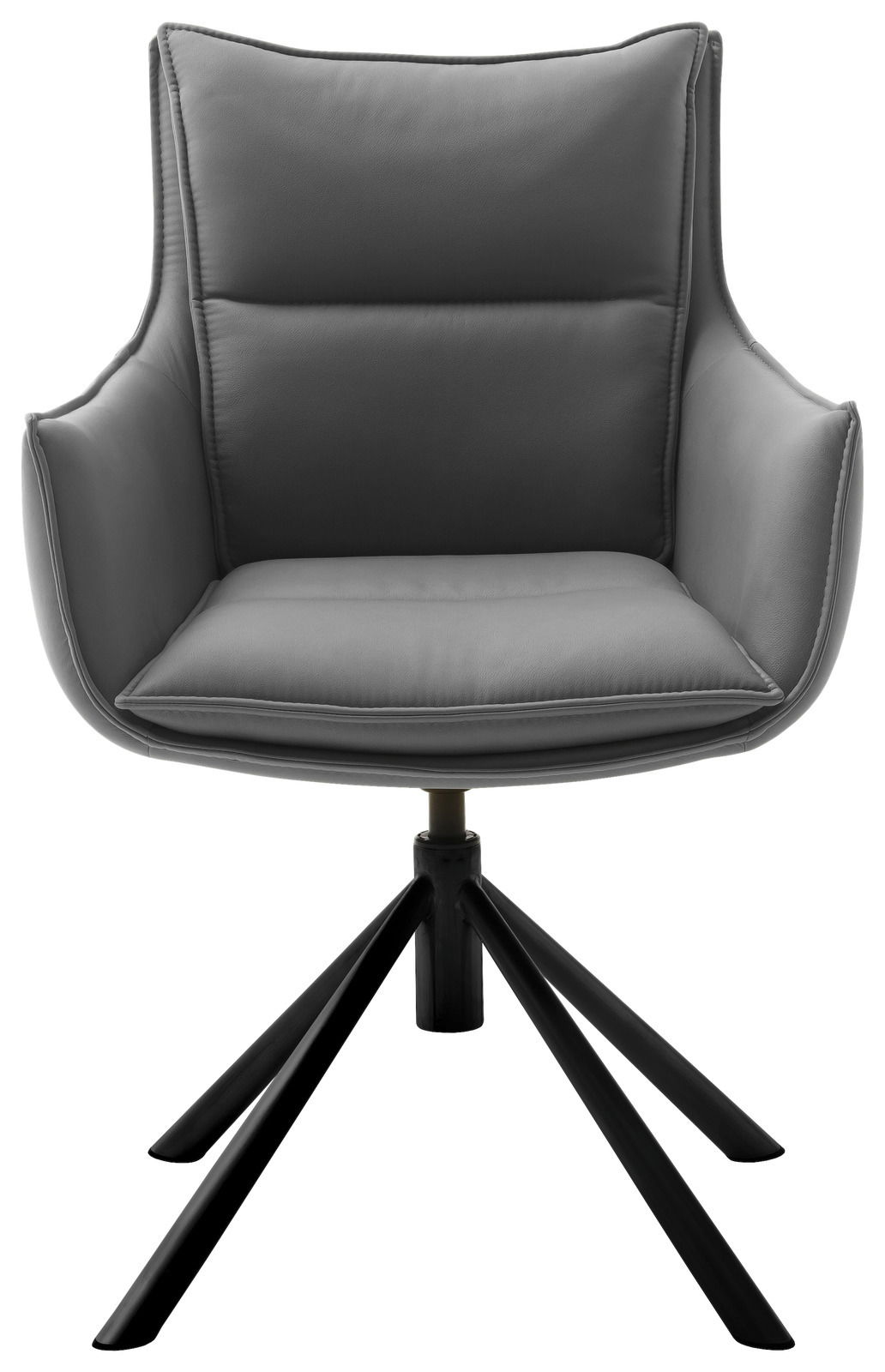 Grauer Sessel mit gepolstertem Sitz und Rückenlehne, auf schwarzem Drehgestell, Frontalansicht.