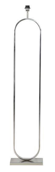 Moderne Stehleuchte aus Metall in ovaler Form, frontal fotografiert.