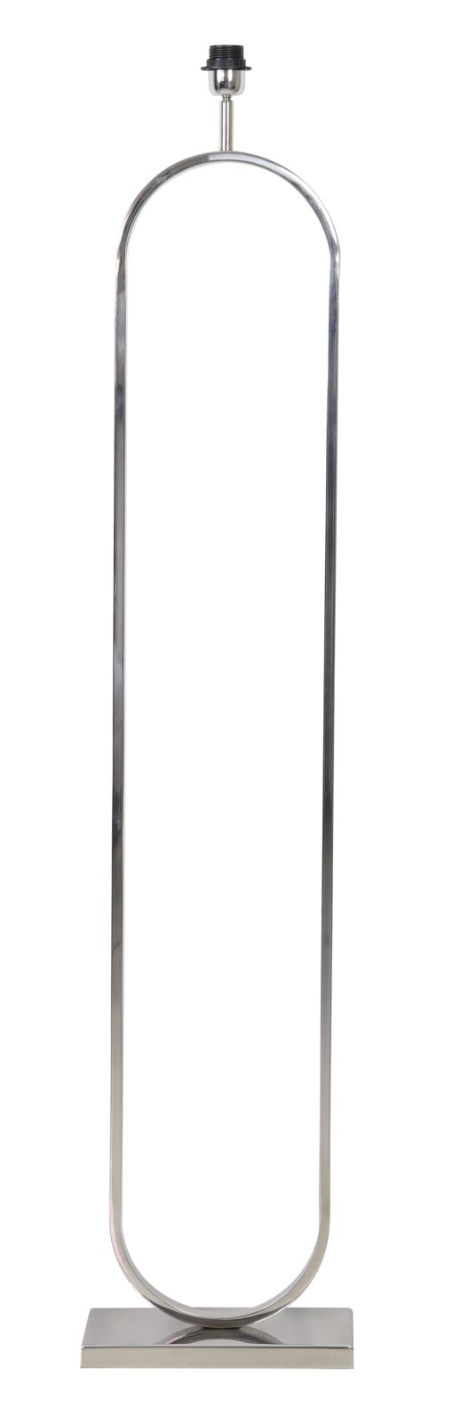 Moderne staande lamp van metaal in ovale vorm, van voren gefotografeerd.