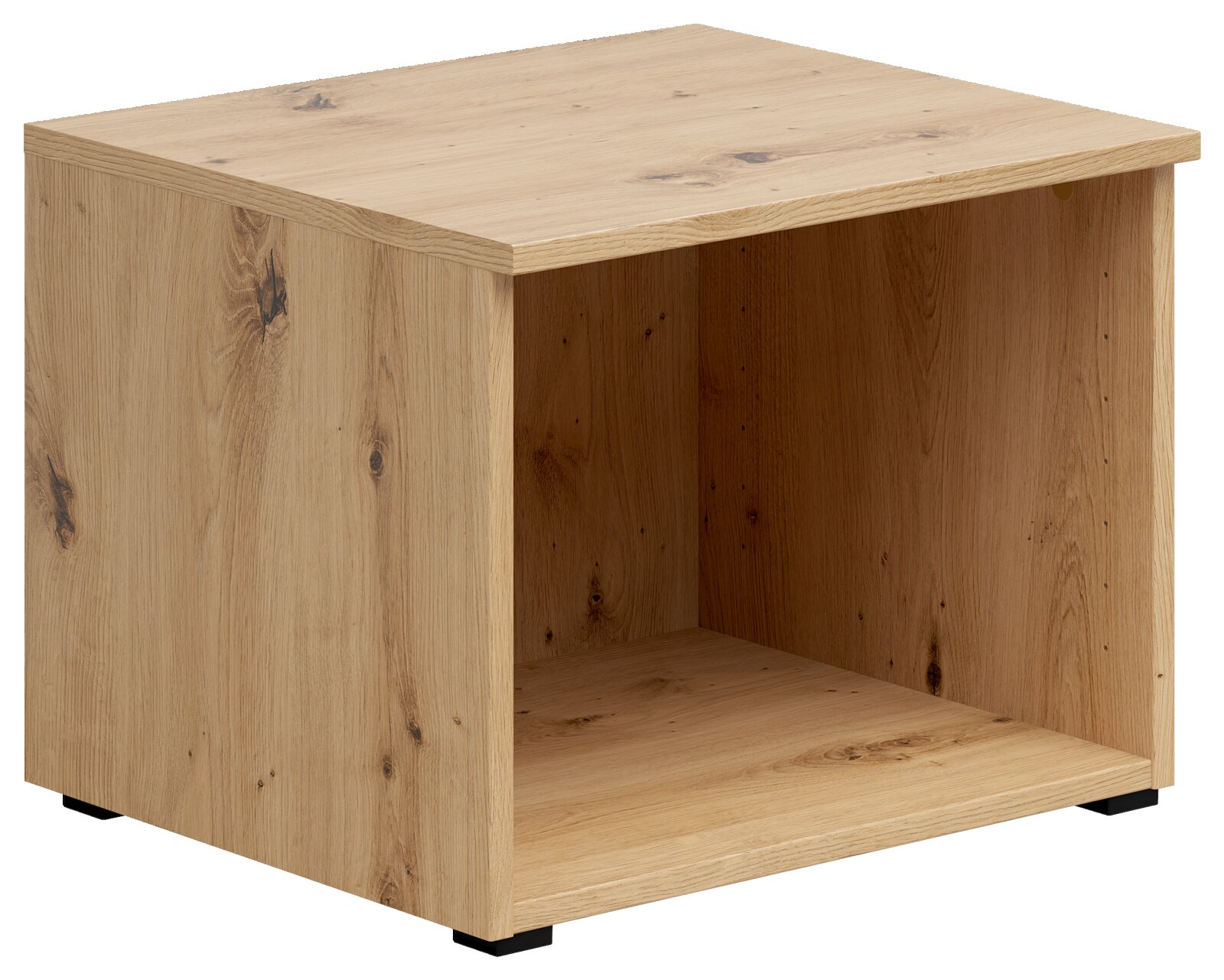Holzfarbener Regalaufsatz in Eichenoptik, perspektivisch von vorne links fotografiert