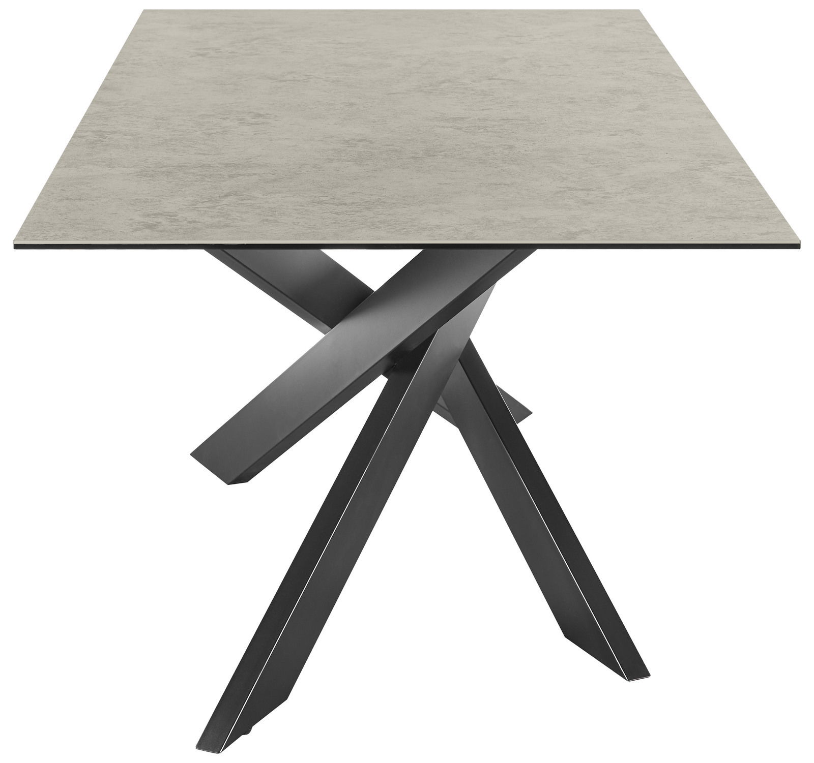 Moderner Esstisch mit quadratischer, grauer Tischplatte und schwarzem, gekreuztem Metallgestell, seitliche Perspektive