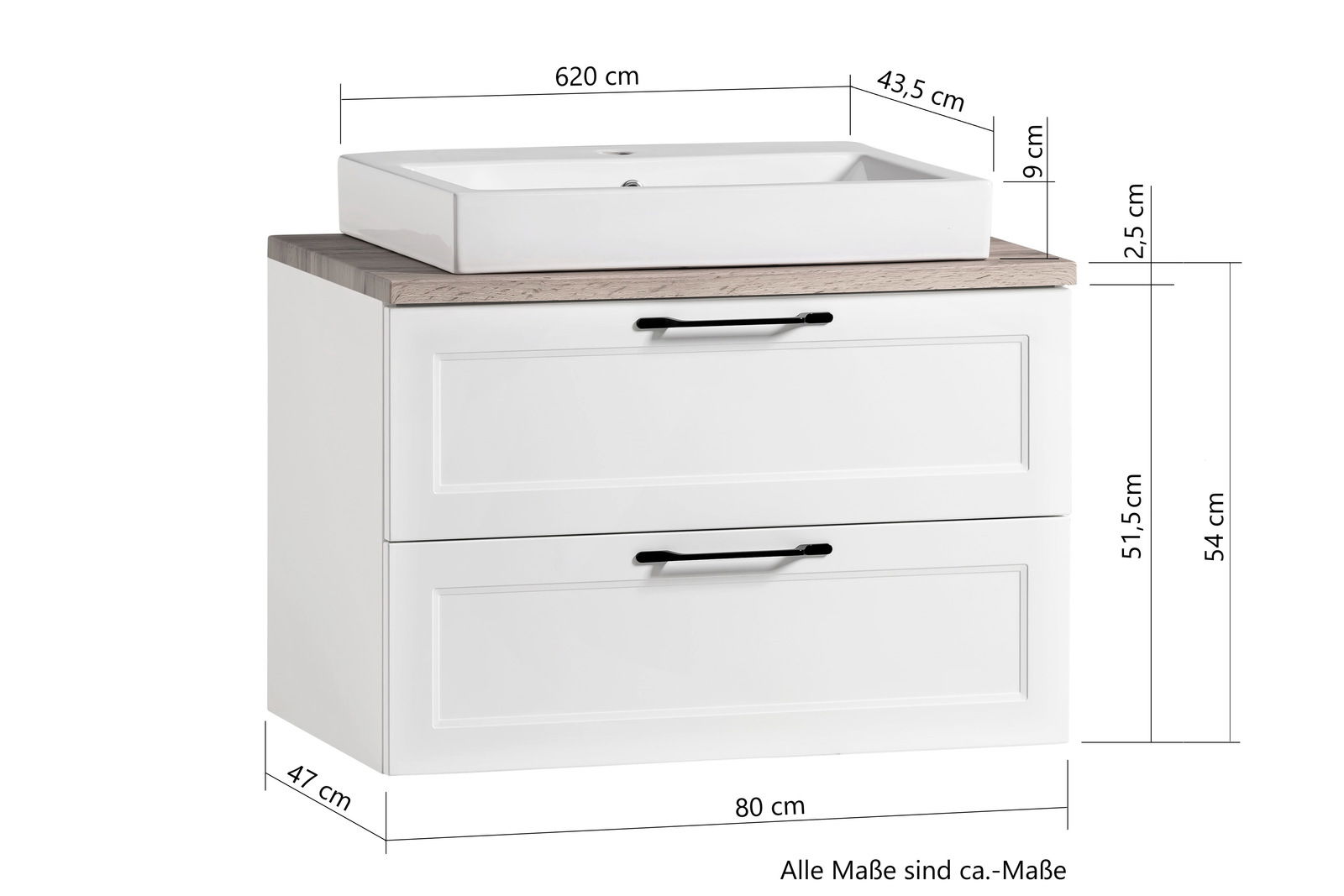 Frontansicht eines modernen Waschtisch-Sets mit weißem Unterschrank und rechteckigem Waschbecken, inklusive Maßangaben.