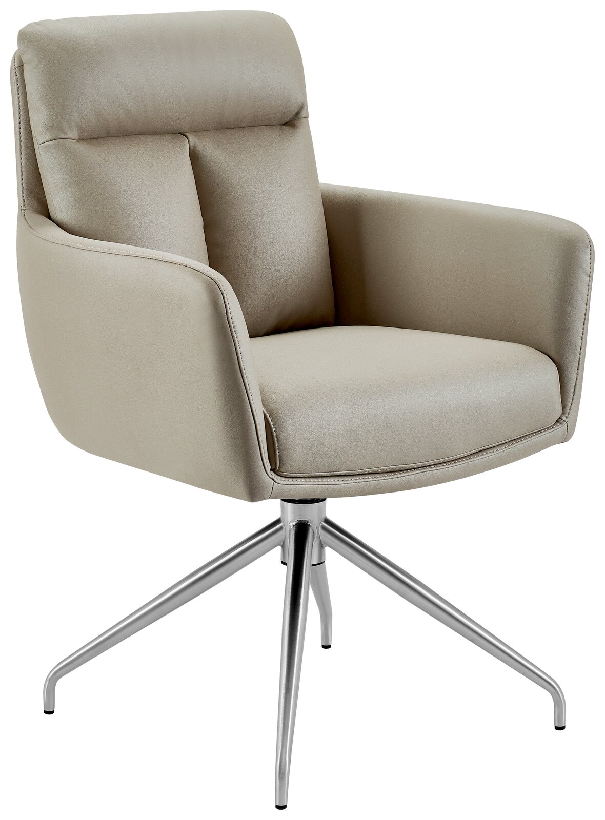 Beiger Armlehnstuhl mit gepolstertem Sitz und Rückenlehne, auf einem drehbaren Metallgestell, seitliche Perspektive