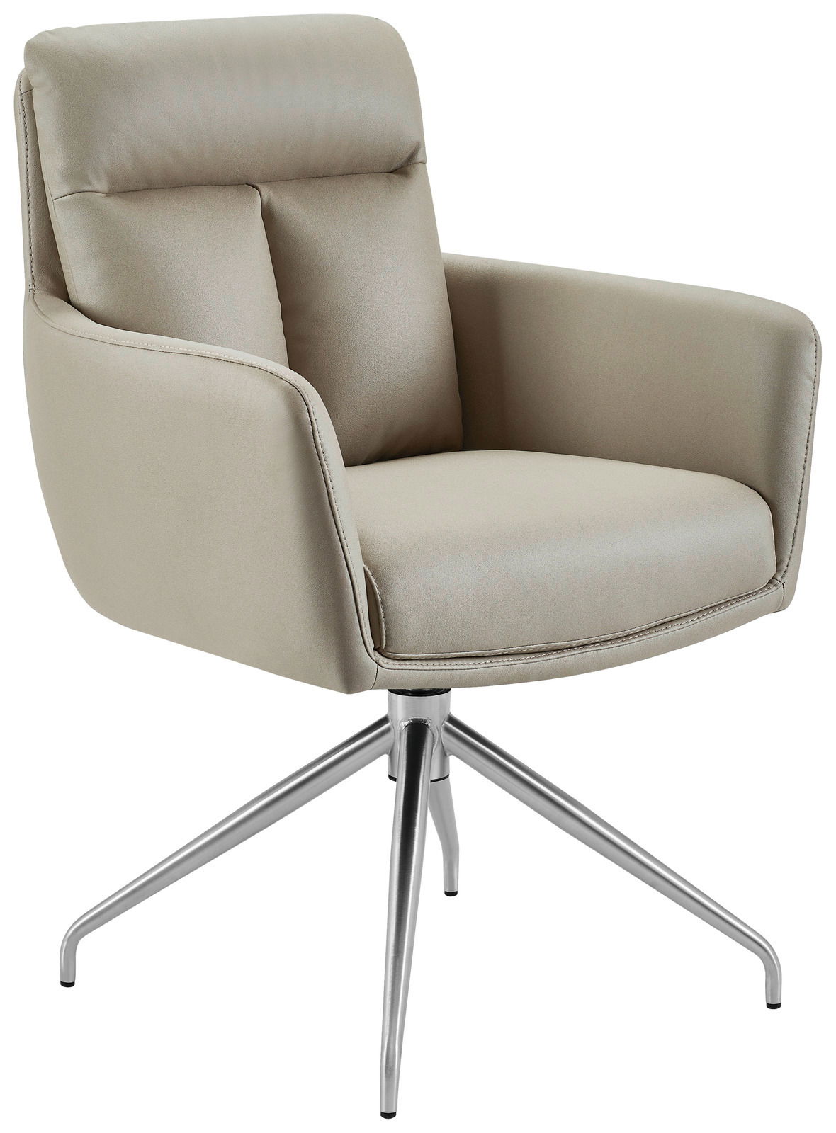 Beiger Armlehnstuhl mit gepolstertem Sitz und Rückenlehne, auf einem drehbaren Metallgestell, seitliche Perspektive