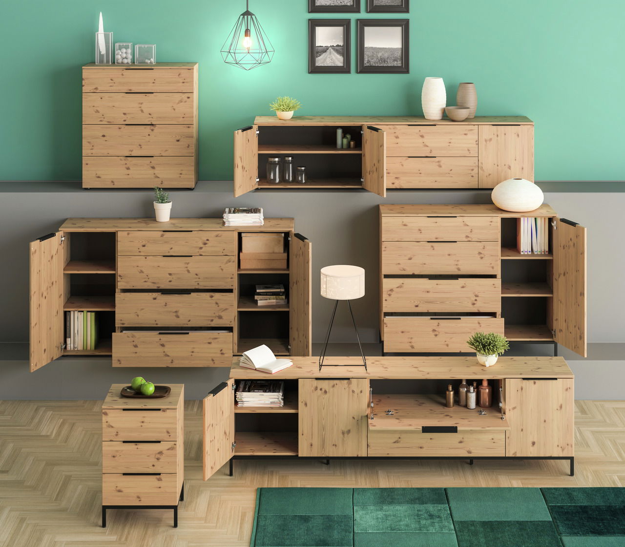 Wohnzimmermöbel-Set aus Holz mit Schubladen und Schränken, moderne Perspektive, grüne Wand im Hintergrund.