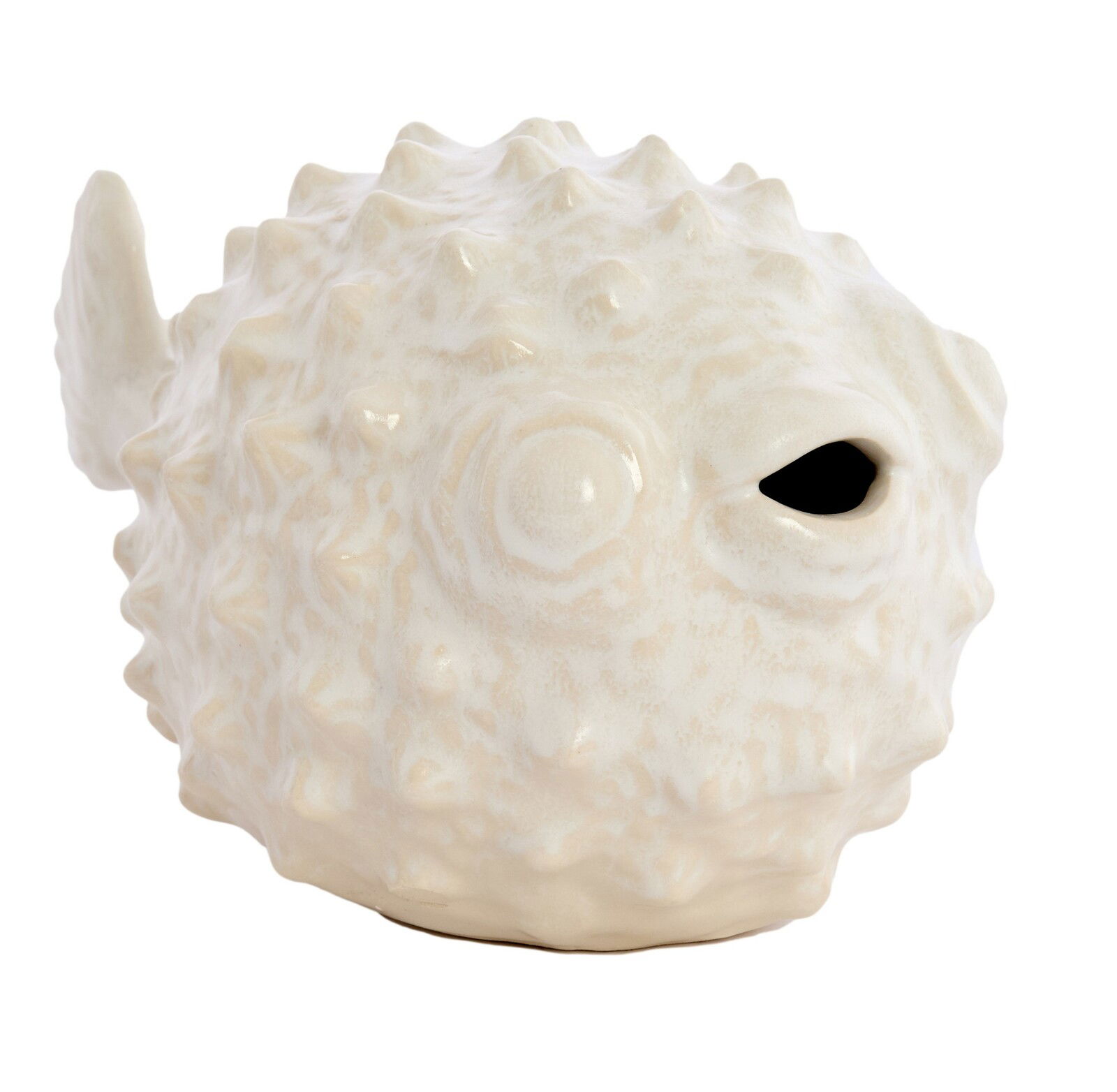 Keramik-Ornament in Form eines Kugelfisches, seitliche Perspektive