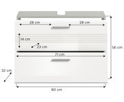 Frontansicht eines weißen Waschbeckenunterschranks mit zwei Schubladen und Griffen, Maße: 80 cm Breite, 56 cm Höhe, 32 cm Tiefe.