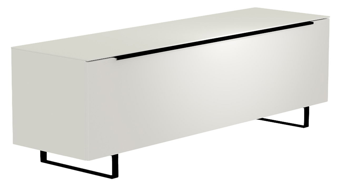 Weißes TV-Lowboard mit modernem Design und schwarzen Metallbeinen, seitliche Perspektive