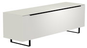 Weißes TV-Lowboard mit modernem Design und schwarzen Metallbeinen, seitliche Perspektive