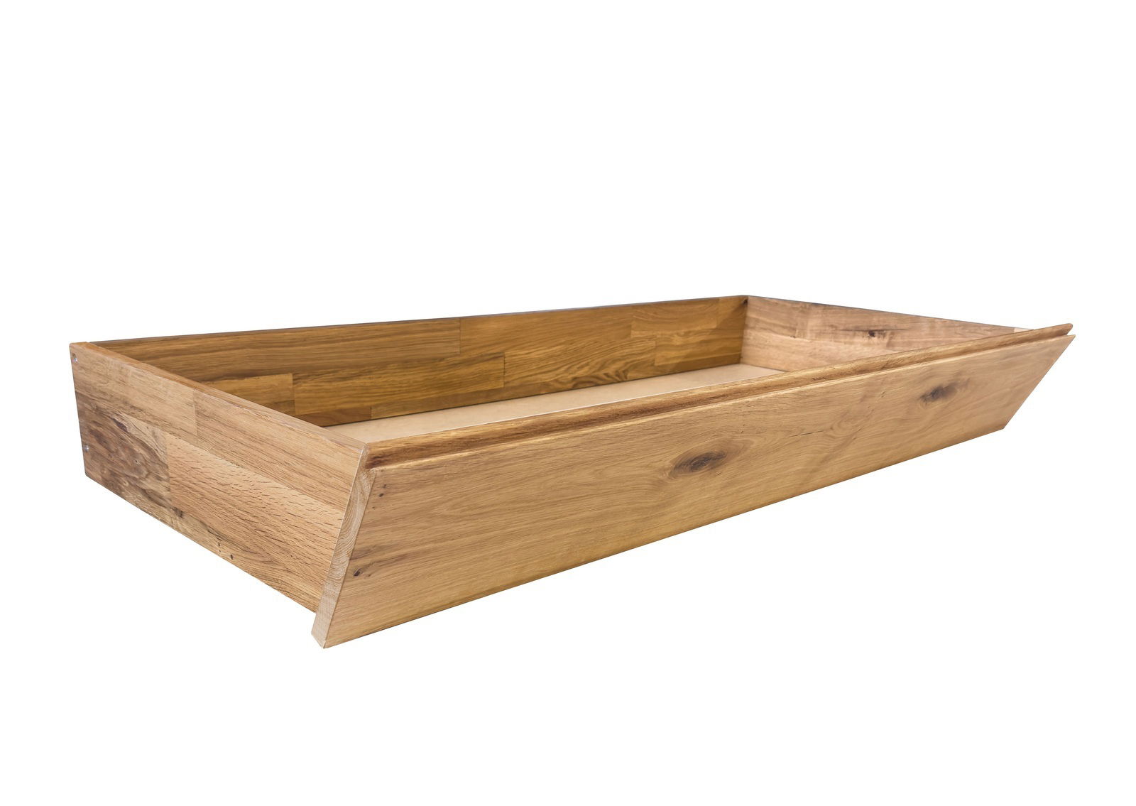 Holzschubkasten in schräger Perspektive von vorne, aus hellem Holz mit natürlicher Maserung.