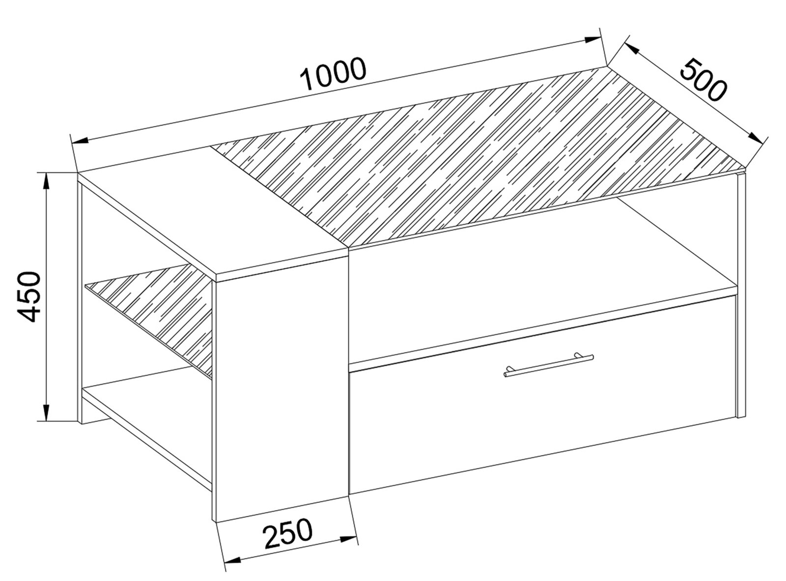Technische Strichzeichnung eines rechteckigen Couchtischs mit Ablagefach und Schublade, Maße ca. 1000 x 500 x 450 mm, perspektivische Ansicht schräg von oben/vorne