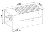 Technische Strichzeichnung eines rechteckigen Couchtischs mit Ablagefach und Schublade, Maße ca. 1000 x 500 x 450 mm, perspektivische Ansicht schräg von oben/vorne
