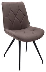 Moderner brauner Stuhl mit gepolsterter Sitzfläche und Rückenlehne, schwarzes Metallgestell, seitliche Perspektive