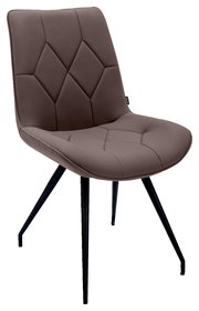 Moderner brauner Stuhl mit gepolsterter Sitzfläche und Rückenlehne, schwarzes Metallgestell, seitliche Perspektive