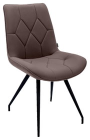 Moderner brauner Stuhl mit gepolsterter Sitzfläche und Rückenlehne, schwarzes Metallgestell, seitliche Perspektive