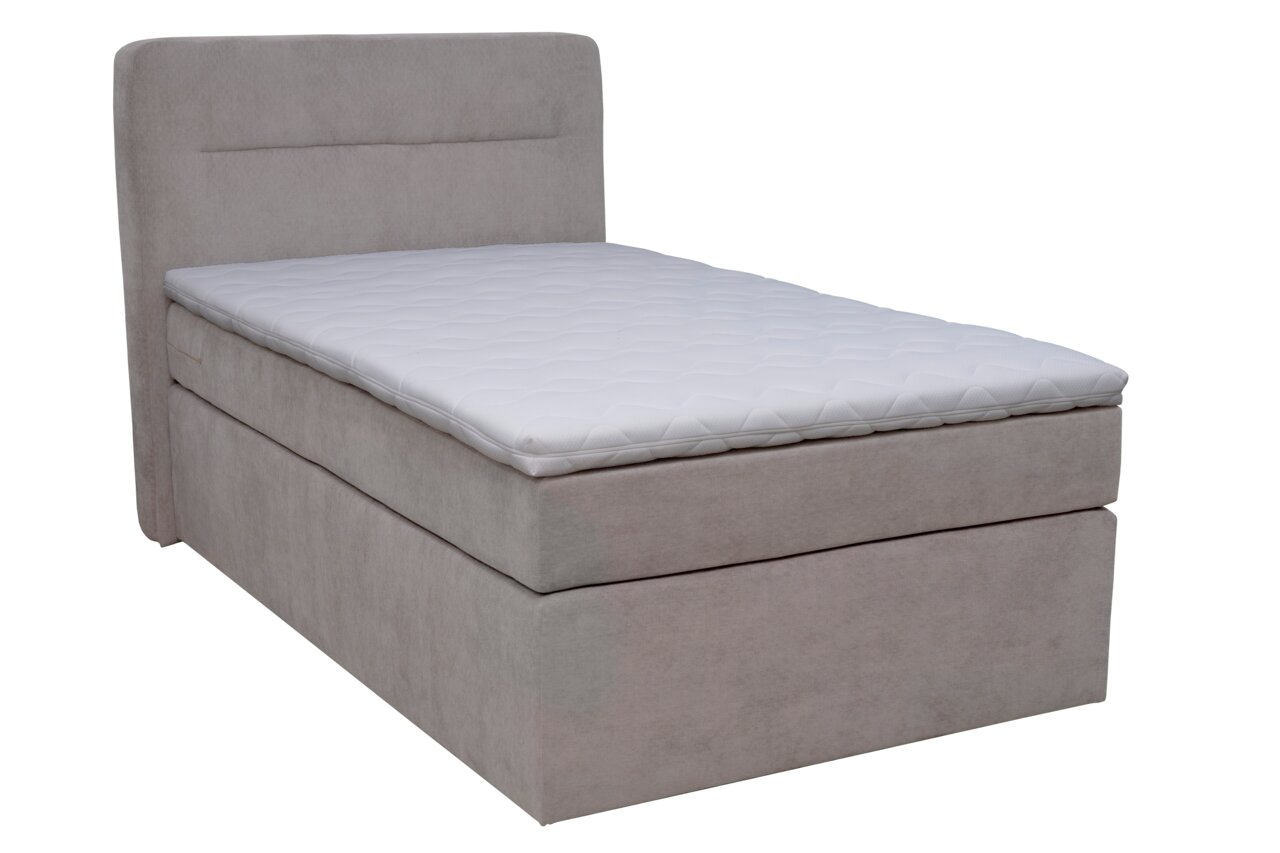 Boxspringbett Moderano TOTO in seitlicher Perspektive, mit hellem Stoffbezug und weißer Matratze.