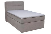 Boxspringbett Moderano TOTO in seitlicher Perspektive, mit hellem Stoffbezug und weißer Matratze.