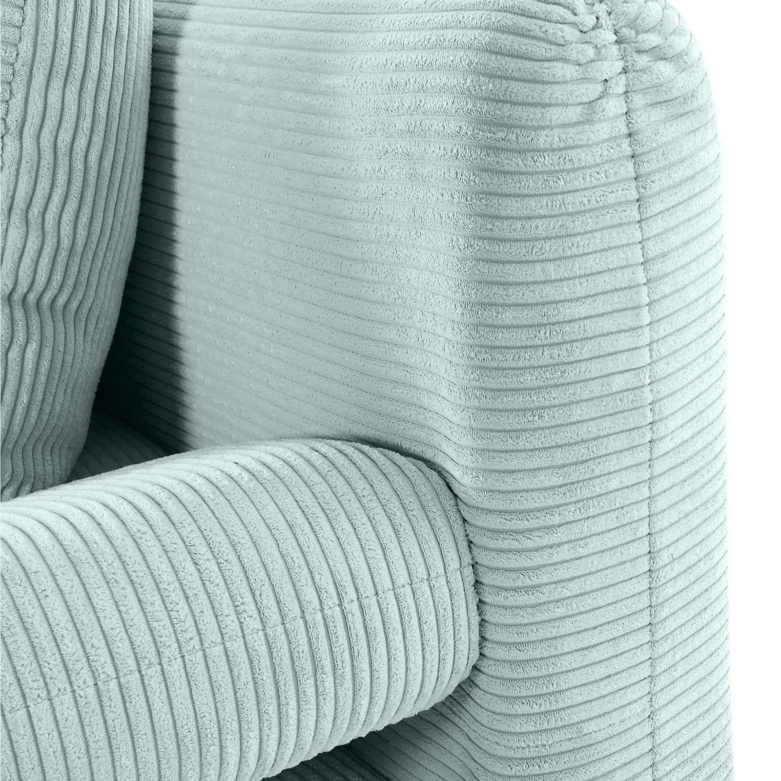 Nahaufnahme eines hellgrünen Funktionssofas mit geripptem Stoffbezug, Perspektive von der Seite