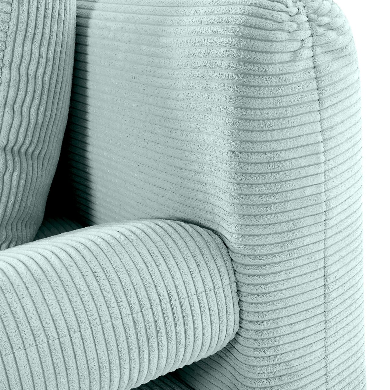 Nahaufnahme eines hellgrünen Funktionssofas mit geripptem Stoffbezug, Perspektive von der Seite