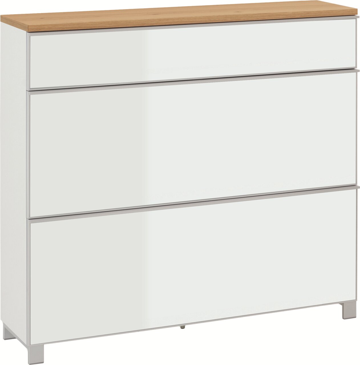 VOSS XL-Schuhschrank VORTINA Weiße Kommode mit drei Schubladen und Holzplatte in Eichenoptik, freistehend auf Füßen, Ansicht schräg von vorne