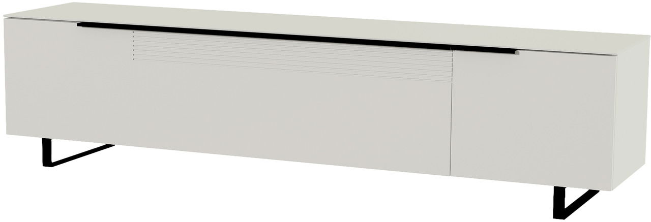 Modernes XL TV-Lowboard in Weiß mit schwarzen Beinen, seitliche Perspektive