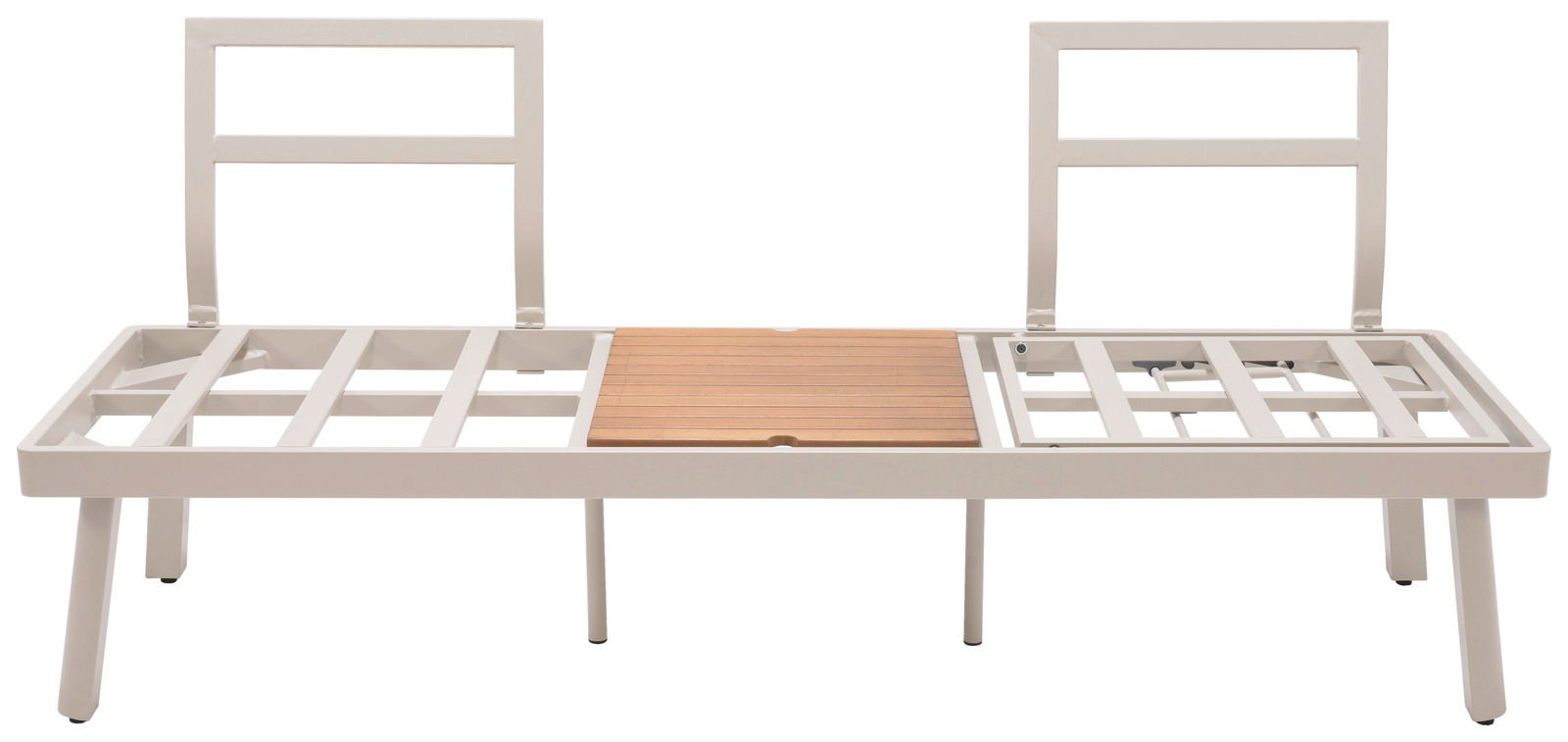 Metallrahmen einer Lounge-Kombination mit zwei Rückenlehnen und einem Holzeinsatz in der Mitte, frontal betrachtet.