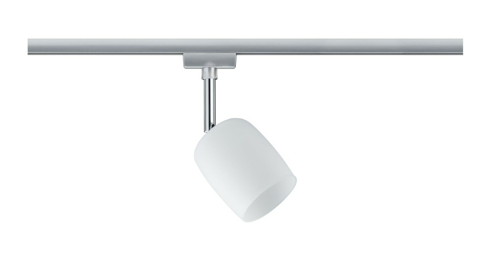 Moderner Schienenspot Blossom in seitlicher Perspektive mit weißem Lampenschirm und silberner Halterung.