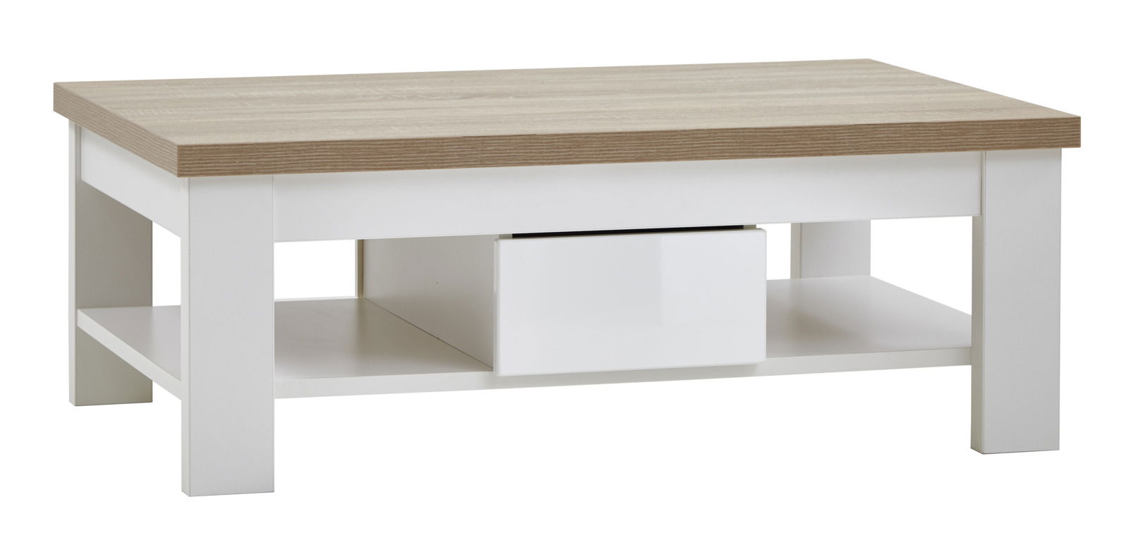 XORA Couchtisch MANHATTAN Moderner Couchtisch mit weißem Gestell und Holzoptik-Tischplatte, seitliche Perspektive