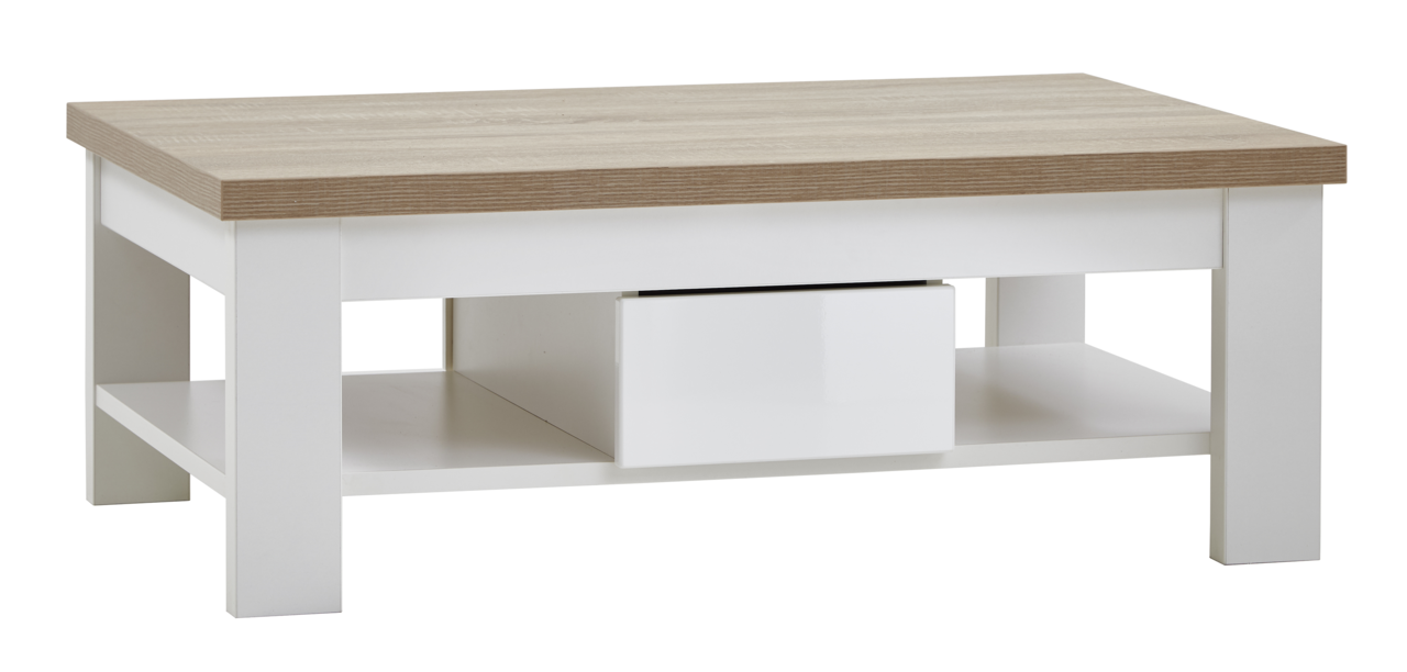 XORA Couchtisch MANHATTAN Moderner Couchtisch mit weißem Gestell und Holzoptik-Tischplatte, seitliche Perspektive