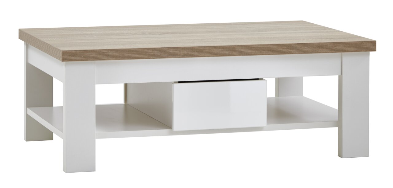 Moderner Couchtisch mit weißem Gestell und Holzoptik-Tischplatte, seitliche Perspektive