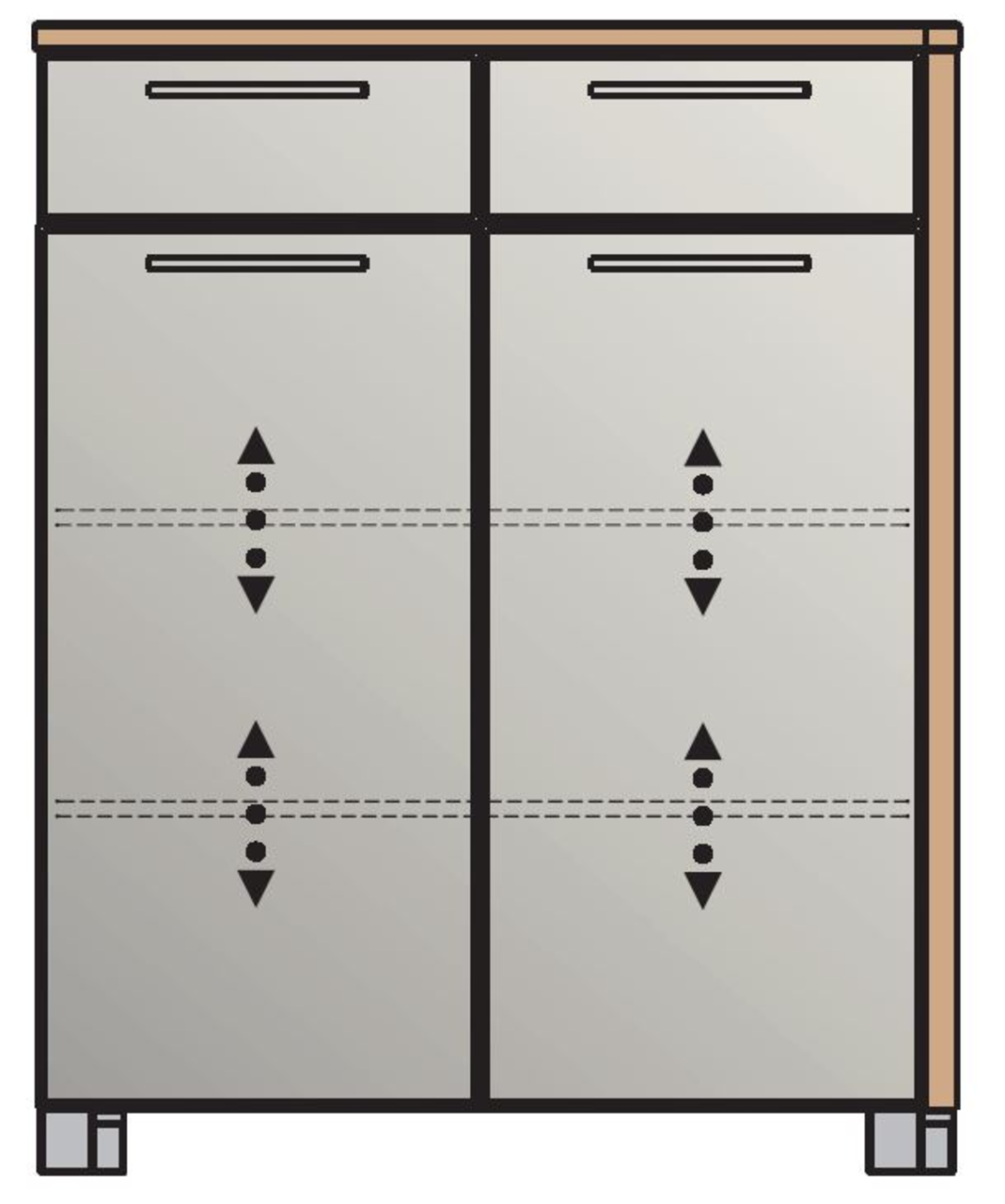 Frontansicht einer modernen Schuhkommode mit zwei Schubladen und zwei großen Fächern, ideal zur Aufbewahrung von Schuhen.