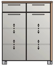 Frontansicht einer modernen Schuhkommode mit zwei Schubladen und zwei großen Fächern, ideal zur Aufbewahrung von Schuhen.