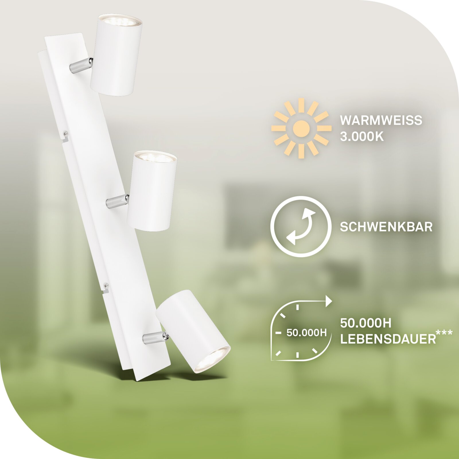 Witte plafondspot met drie draaibare lampkoppen, warmwit licht van 3000 K en een levensduur van 50.000 uur, schuin van voren afgebeeld.