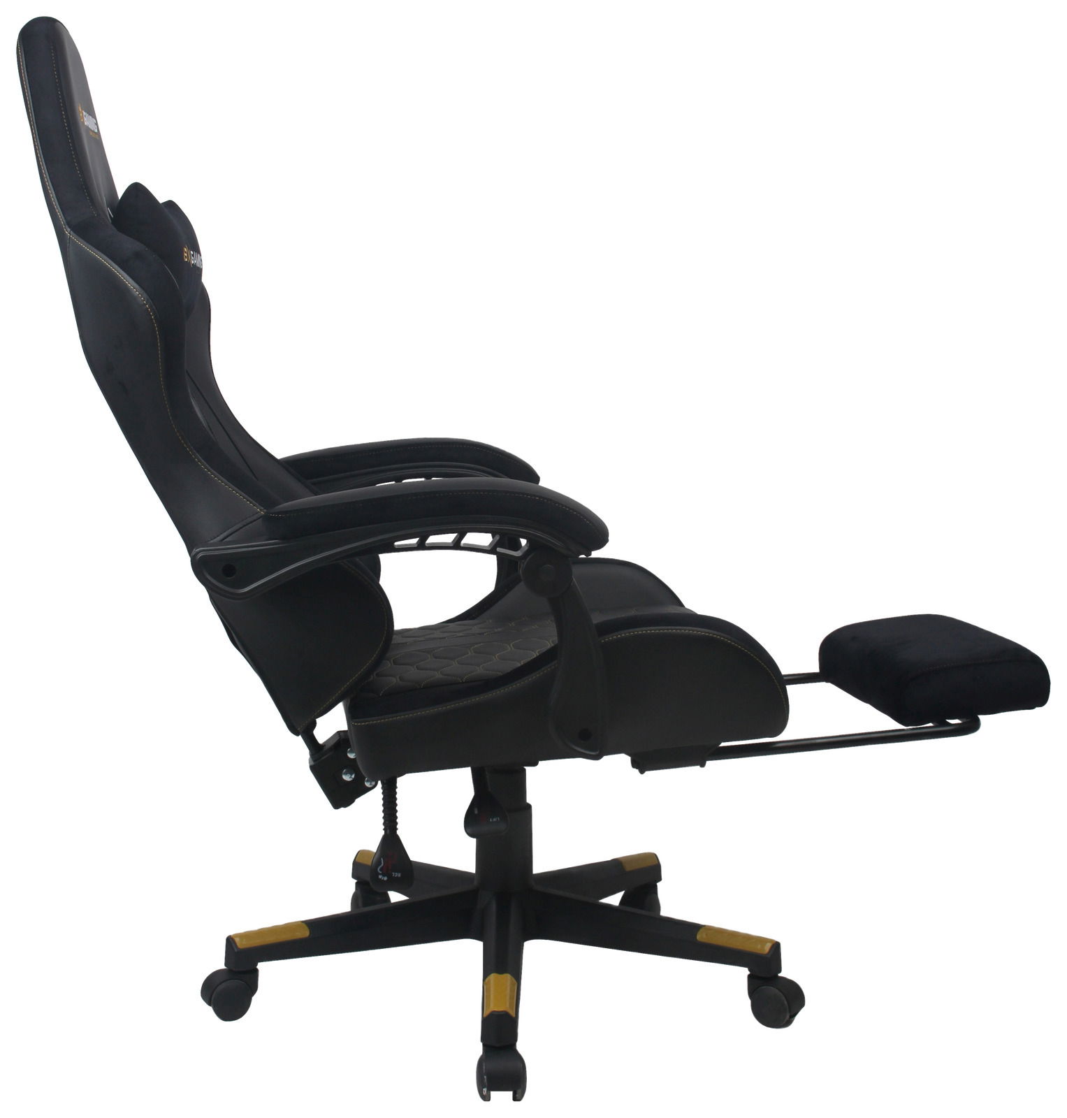 Seitliche Ansicht eines Gaming-Stuhls mit ausziehbarer Fußstütze und ergonomischem Design.