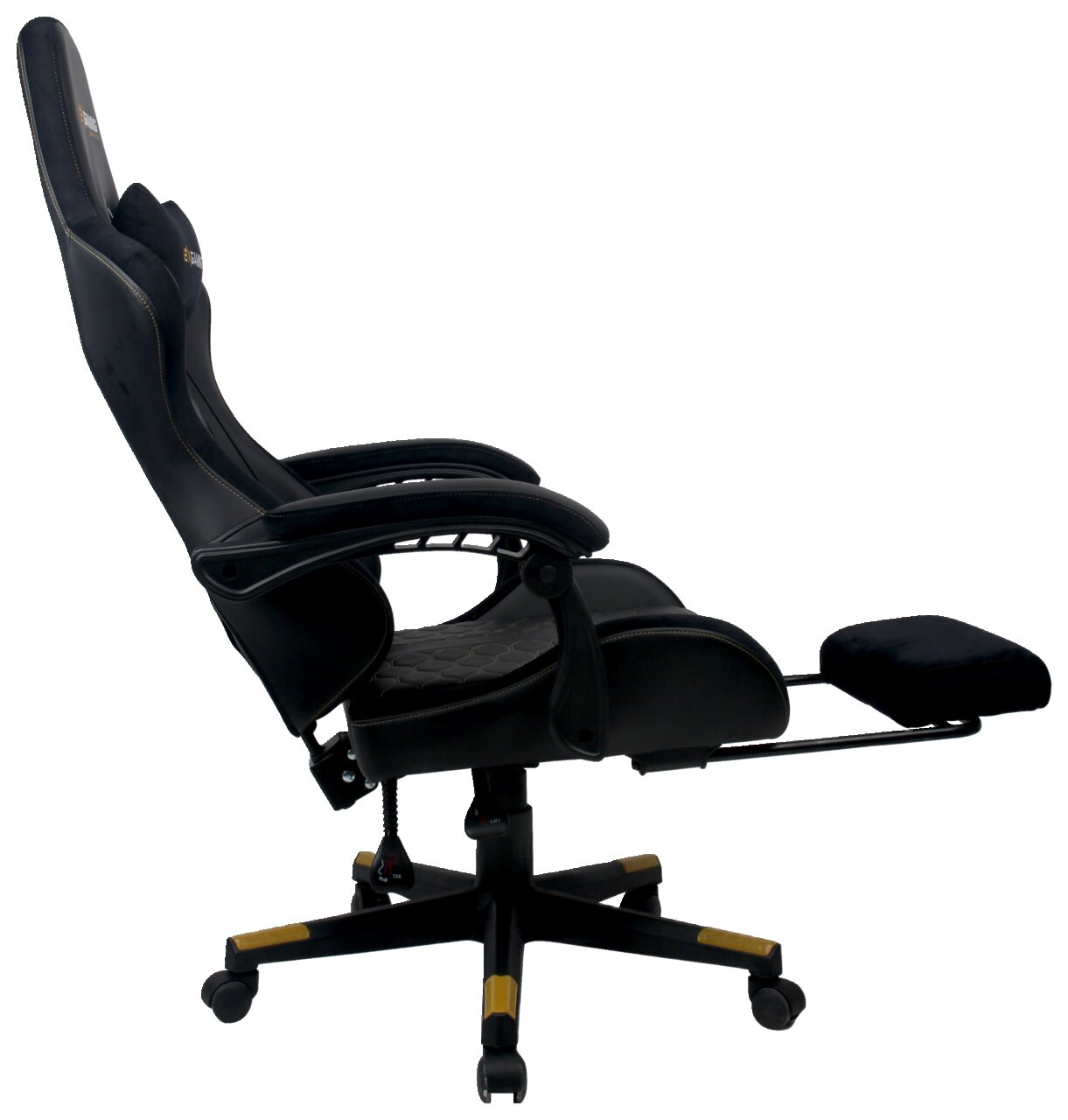 Seitliche Ansicht eines Gaming-Stuhls mit ausziehbarer Fußstütze und ergonomischem Design.